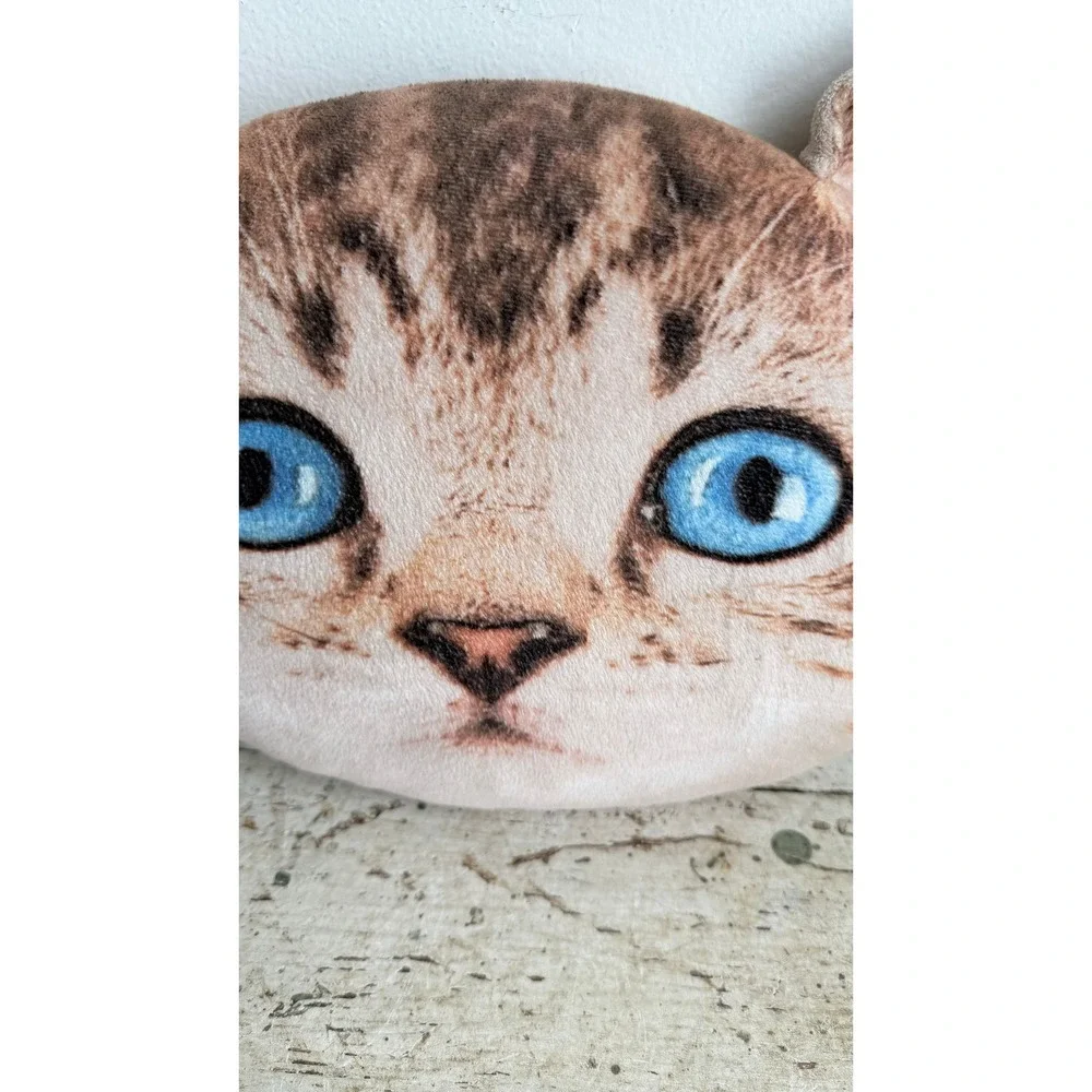 Realistic Cat Head Plush Pillow Brown Tabby Blue Eyes 3D Photo Print 12
